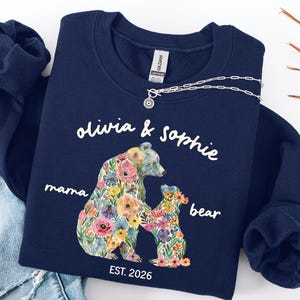 Personalized Mama Bear Sweater, Custom Mom & Daughter Names, Floral Patchwork Bear Crewneck, Est. Year, Mother's Day Gift for New Mama