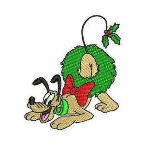 Disegno per ricamo a macchina con ghirlanda natalizia di Plutone che si inchina, disegno del cane Disney, motivo per ricamo a macchina con cartoni animati, motivo del personaggio di Topolino e i suoi amici