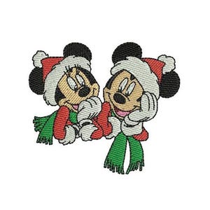 Diseño de bordado a máquina de Mickey y Minnie Mouse con bufanda navideña, personaje de pareja de Disney Mouse, patrón de bordado de corazones para San Valentín