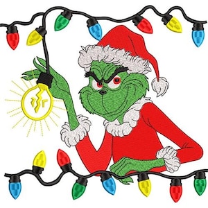 Christmas String Lights Grinch Machine Embroidery Design - 2 sizes, Xmas Santa Grinch Embroidery Pattern, Disney Character Embroidery Design