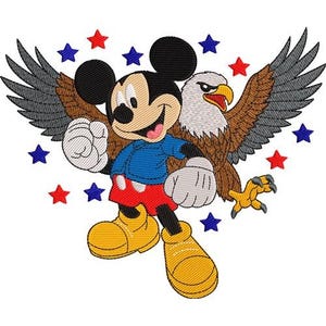 May include: A cartoon image of Mickey Mouse in a blue shirt and red shorts, with an American bald eagle behind him. Red and blue stars surround the characters, creating a patriotic theme.