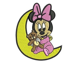 Baby Minnie Maus auf Mond Maschinenstickerei, Disney Baby Maus Design, Mickey & Friends Charakter Stickmuster