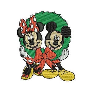 クリスマスミッキー＆ミニーマウスリースの機械刺繍デザイン、ディズニーマウスカップルキャラクター、バレンタインの恋人たちの刺繍パターン