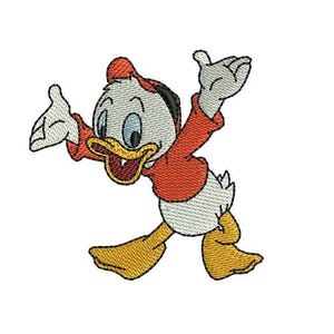 Diseño de bordado a máquina del Pato Dewey con los brazos abiertos, diseño de Disney, patrón de bordado de dibujos animados, bordado del Pato Dewey, personaje del Pato Donald