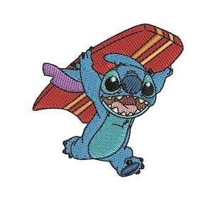 Surfing Stitch Machine Embroidery Design, Lilo & Stitch Character Design, Disney Design, Cartoon Blue Alien Embroidery, Stitch Embroidery