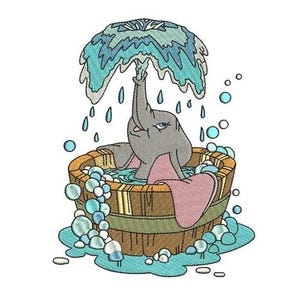 Dumbo in Bathtub Spraying Water Machine Embroidery Design, Disney Design, Cartoon Elephant Embroidery Pattern, Elephant with Big Ears Design