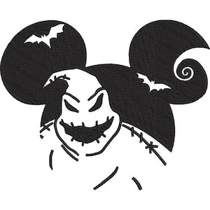 May include: Black and white illustration of a stitched-face character with a mischievous grin, wearing Mickey Mouse ears with bats and a swirl design.