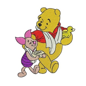 Bad Winnie The Pooh & Ferkel mit Gummiente Maschinenstickerei, Disney Design, Cartoon Friends Pattern, Winnie The Pooh Stickerei