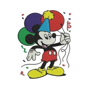 Micky Maus mit Party Luftballons Maschinenstickerei, Disney Character Design, Mickey & Friends Charakter Stickmuster