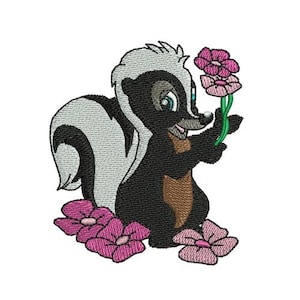 Diseño de bordado a máquina de "Mofeta con flores", diseño de Disney, patrón de bordado de dibujos animados, bordado del personaje de Bambi, el mejor amigo de Bambi