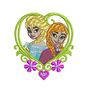 Heart Frame Elsa & Anna Machine Embroidery Design, Disney Character Design, Frozen Characters Embroidery Pattern, Disney Princesses Design