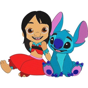 Diseño de bordado a máquina de Lilo & Stitch (2 tamaños), diseño de personajes de Disney, patrón de bordado de dibujos animados, diseño de amigos hawaianos