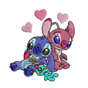 Valentine Stitch & Angel Hearts Machine Embroidery Design, Disney Design, Cartoon Embroidery Pattern, Lilo and Stitch Character Design