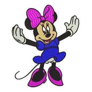 May include: An embroidered image of a cartoon mouse with a large pink bow, black ears, and a blue dress. The mouse has white gloves and pink shoes, with arms outstretched in a welcoming pose. The background is white.