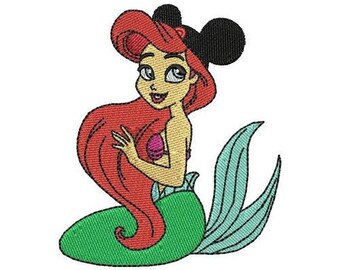 Princess Ariel with Mickey Ears Machine Embroidery Design, Disney Little Mermaid Character Embroidery Pattern, Ariel Embroidery