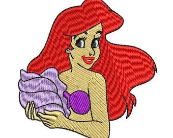 Princess Ariel with Shell Machine Embroidery Design, Disney Little Mermaid Character Embroidery Pattern, Ariel Embroidery Design