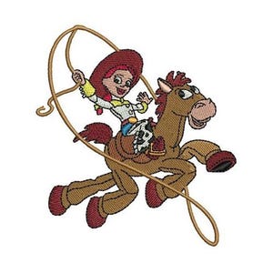 May include: A cartoon illustration of a red-haired cowgirl riding a brown horse. The cowgirl is holding a lasso in her right hand. The horse is running and the cowgirl is smiling.