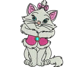Diseño de bordado a máquina de Marie con abrigo de piel, diseño de gato de Disney, patrón de bordado de personajes de Los Aristogatos, bordado de gatito atrevido