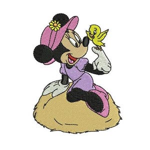 Minnie Mouse zit op hooi machineborduurontwerp, Disney-ontwerp, cartoonpatroon, Mickey & Friends-personage, Minnie Mouse-borduurwerk