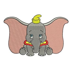 Desenho de bordado à máquina Dumbo sentado - 2 tamanhos, padrão de bordado de elefante de desenho animado, elefante com orelhas grandes, desenho de bordado Dumbo