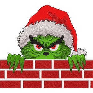 May include: A green Grinch character wearing a red Santa hat with white fur trim peeks over a red brick wall. The Grinch has a mischievous expression with angry eyebrows and red eyes.