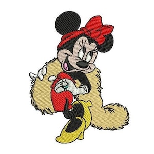 Diseño de bordado a máquina de Minnie Mouse elegante con chaqueta de piel y anillo de diamantes, diseño de Disney, patrón de bordado de personajes de Mickey y sus amigos