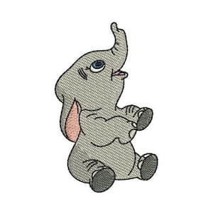 Design de bordado à máquina Tiny Dumbo olhando para cima, design da Disney, padrão de bordado de elefante bebê de desenho animado, design de elefante com orelhas grandes