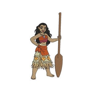 Diseño de bordado a máquina de Moana con remo, diseño de personaje de Disney, patrón de bordado de dibujos animados, niña polinesia con flores