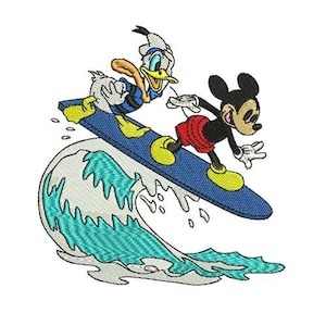 Surfing Mickey and Donald Machine Embroidery Design, Cartoon Pattern, Mickey & Friends Character, Mickey Mouse and Donald Duck Embroidery