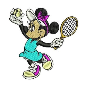 Disegno per ricamo a macchina raffigurante Minnie, giocatrice di tennis, motivo a cartoni animati, personaggio di Topolino e i suoi amici, ricamo di Minnie, disegno Disney