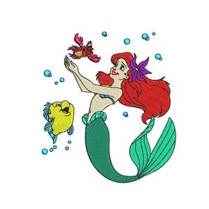 Desenho de bordado à máquina da Ariel, Linguado e Sabidão, design de princesas da Disney, padrão de bordado da Pequena Sereia, bordado de melhores amigas