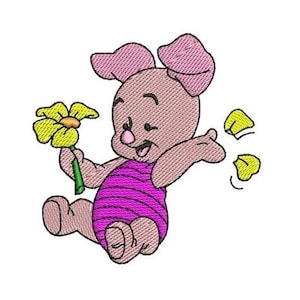 Baby Piglet with Flowers Machine Embroidery Design - 2 sizes, Disney Character Design, Winnie The Pooh Character Embroidery Pattern