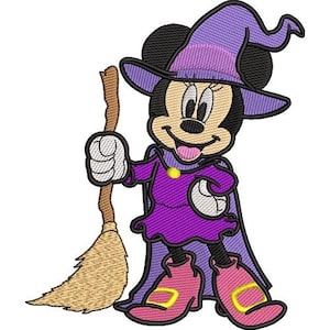 Halloween Witch Minnie Mouse with Broom Stick Machine Embroidery Design - 2 sizes, Disney Character, Mickey & Friends Embroidery Pattern