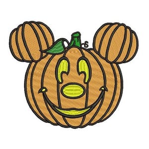 May include: Embroidered pumpkin design with Mickey Mouse ears. The pumpkin is orange with black outlines and a green stem and leaf. The face has yellow eyes and a smiling mouth. Perfect for Halloween.