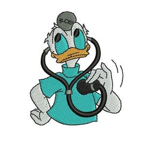 Doktor Donald Duck & Stethoskop Maschinenstickerei, Disney Charakter Design, Cartoon Stickmuster, Donald Duck Stickerei