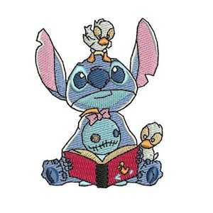 Stitch, Scrump and Ducklings Reading Machine Embroidery Design, Cartoon Embroidery Pattern, Lilo & Stitch Character Embroidery Design
