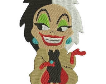 クルエラ・ド・ヴィルの悪役、101匹わんちゃんの機械刺繍デザイン