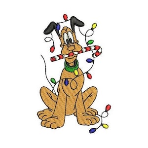Pluto mit Weihnachtslichtern und Zuckerstange Stickdatei, Disney Character Design, Cartoon Stickmuster, Mickey & Friends