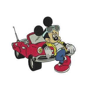 May include: A red cartoon car with a Mickey Mouse character wearing sunglasses and a yellow shirt driving the car.