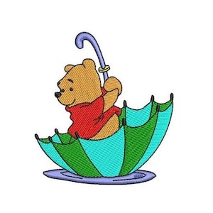 Winnie the Pooh Bear Sitting in Umbrella Machine Embroidery Design, Disney Character, Cartoon Embroidery Pattern, Teddy Bear Character