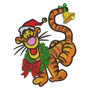 Weihnachten Santa Tigger Glocke Maschinenstickerei, hüpfende Tigerstickerei, tanzende Tigger-Design, Disney-Tierfigur-Muster