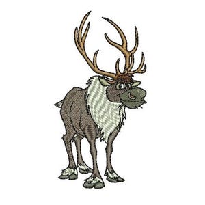 Op de afbeelding: Een cartoon rendier met bruine geweien en een grijs lichaam. Het rendier heeft een witte baard en een bruine neus.