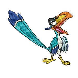 Diseño de bordado a máquina de Zazu sonriente, diseño de Disney, patrón de bordado del asesor real de El Rey León, diseño de pájaro cálao de pico rojo