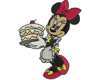 Diseño de bordado a máquina de Minnie Mouse con pastel, diseño de Disney, patrón de dibujos animados, personaje de Mickey y sus amigos, bordado de Minnie Mouse