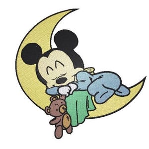 Baby Mickey Mouse Sleeping on Moon with Teddy Bear Machine Embroidery Design, Disney Design, Mickey & Friends Character Embroidery Pattern