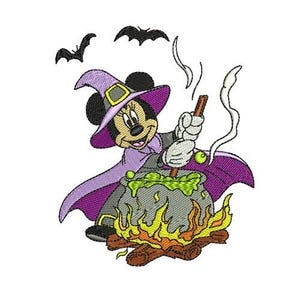 May include: An embroidered Halloween design featuring a cartoon mouse in a witch costume stirring a bubbling cauldron over a fire. The mouse wears a purple witch hat and cape, with bats flying above.