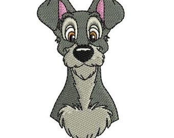 Diseño de bordado a máquina de cabeza de vagabundo, diseño de Disney, diseño de personaje de La Dama y el Vagabundo, patrón de bordado de perro de dibujos animados, diseño de perro callejero