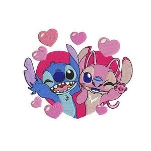Disegno ricamo a macchina con cuori d'angelo e punto di San Valentino, disegno personaggio Disney, motivo ricamo cartone animato, disegno Lilo e Stitch
