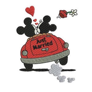 Just Married Mickey and Minnie in Car Machine Embroidery Design, Disney Design, Valentines Sweethearts Pattern, Mickey & Minnie Embroidery