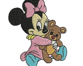 Baby Minnie Maus mit Teddy Bär Maschinenstickerei, Disney Design, Mickey & Friends Charakter Stickdatei